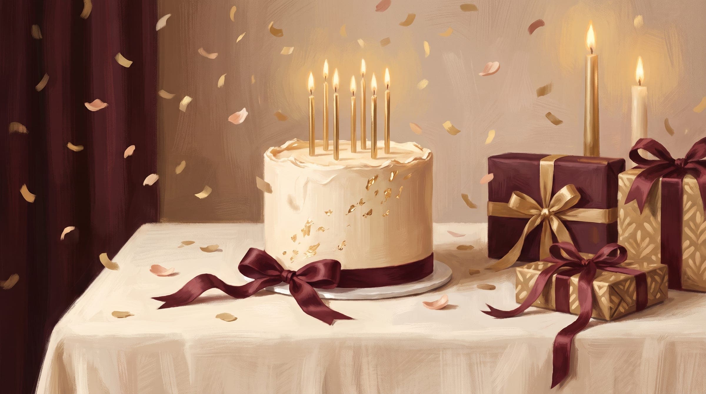 Cream birthday cake with gold candles and maroon ribbon on a candlelit table with wrapped gifts and confetti