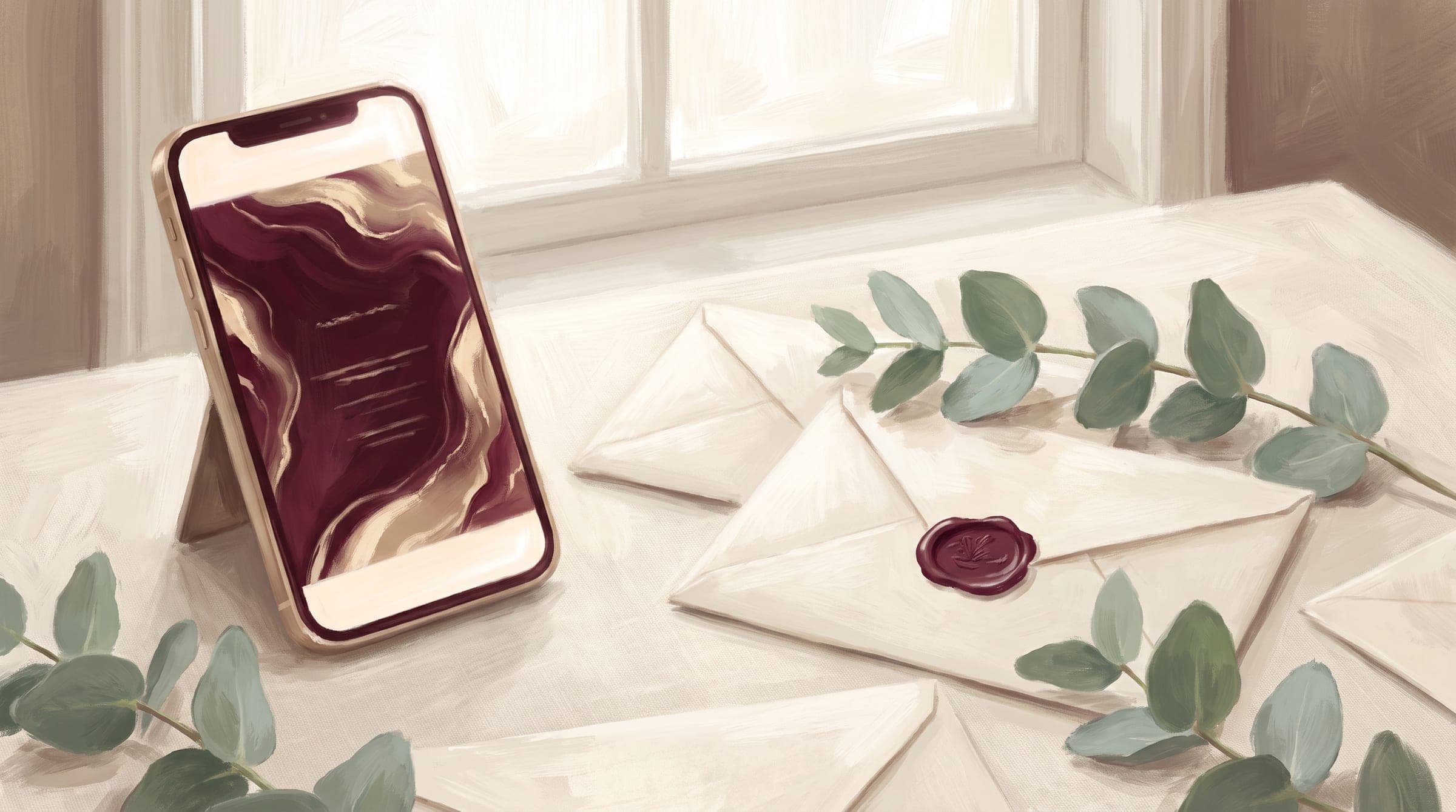 Smartphone showing a maroon and gold digital invitation among cream paper envelopes and eucalyptus sprigs