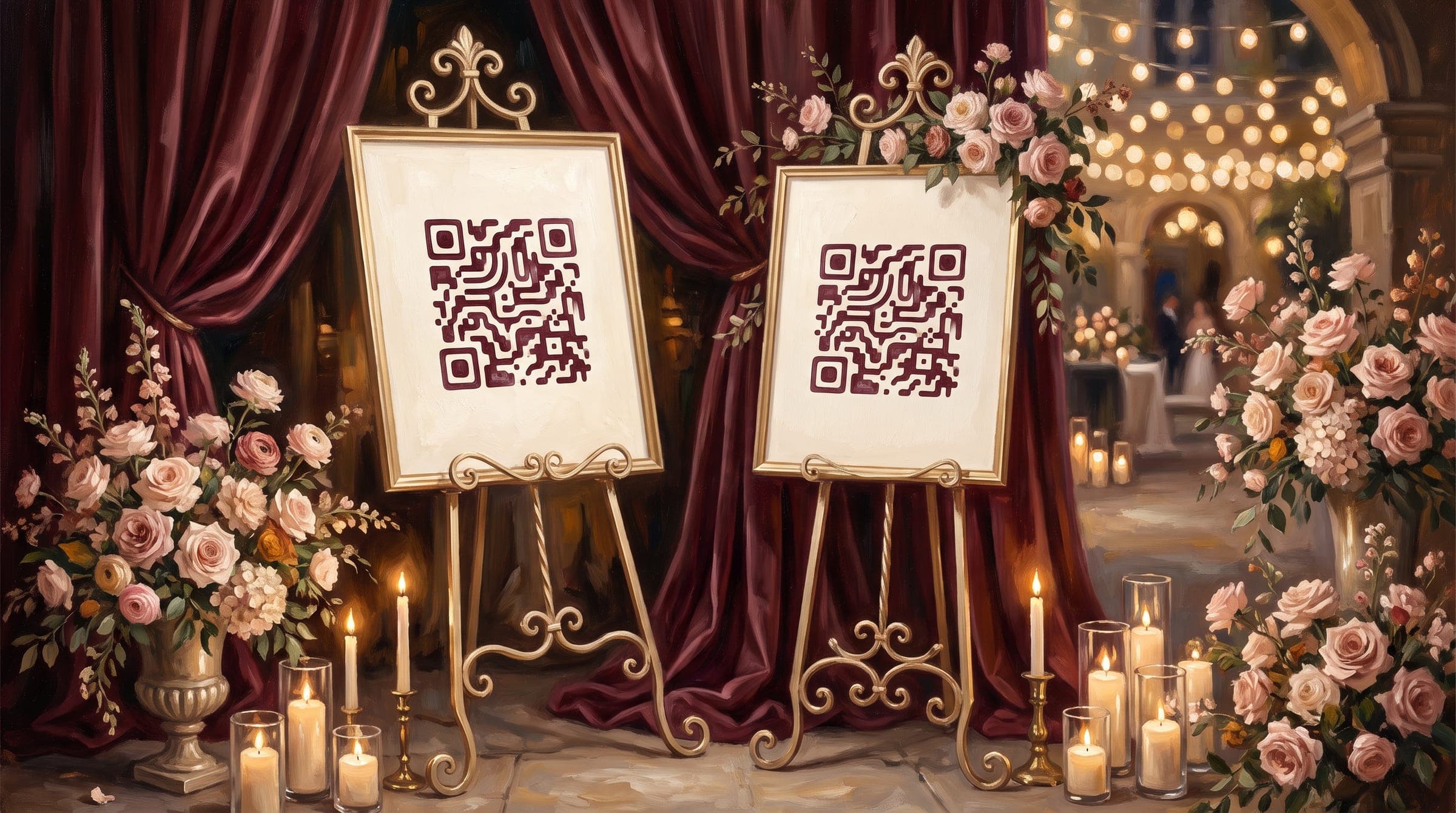 Gold easels holding QR code welcome signs at a candlelit event entrance with maroon drapery and roses