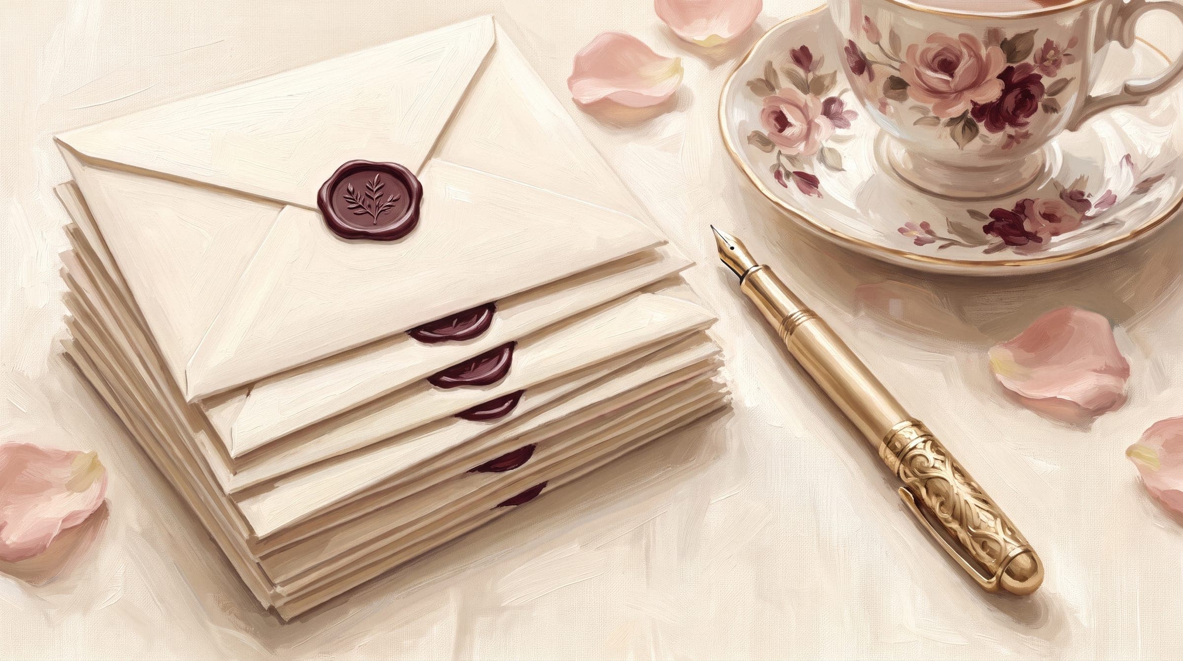 Stack of cream reply envelopes sealed with maroon wax beside a gold fountain pen and a floral teacup