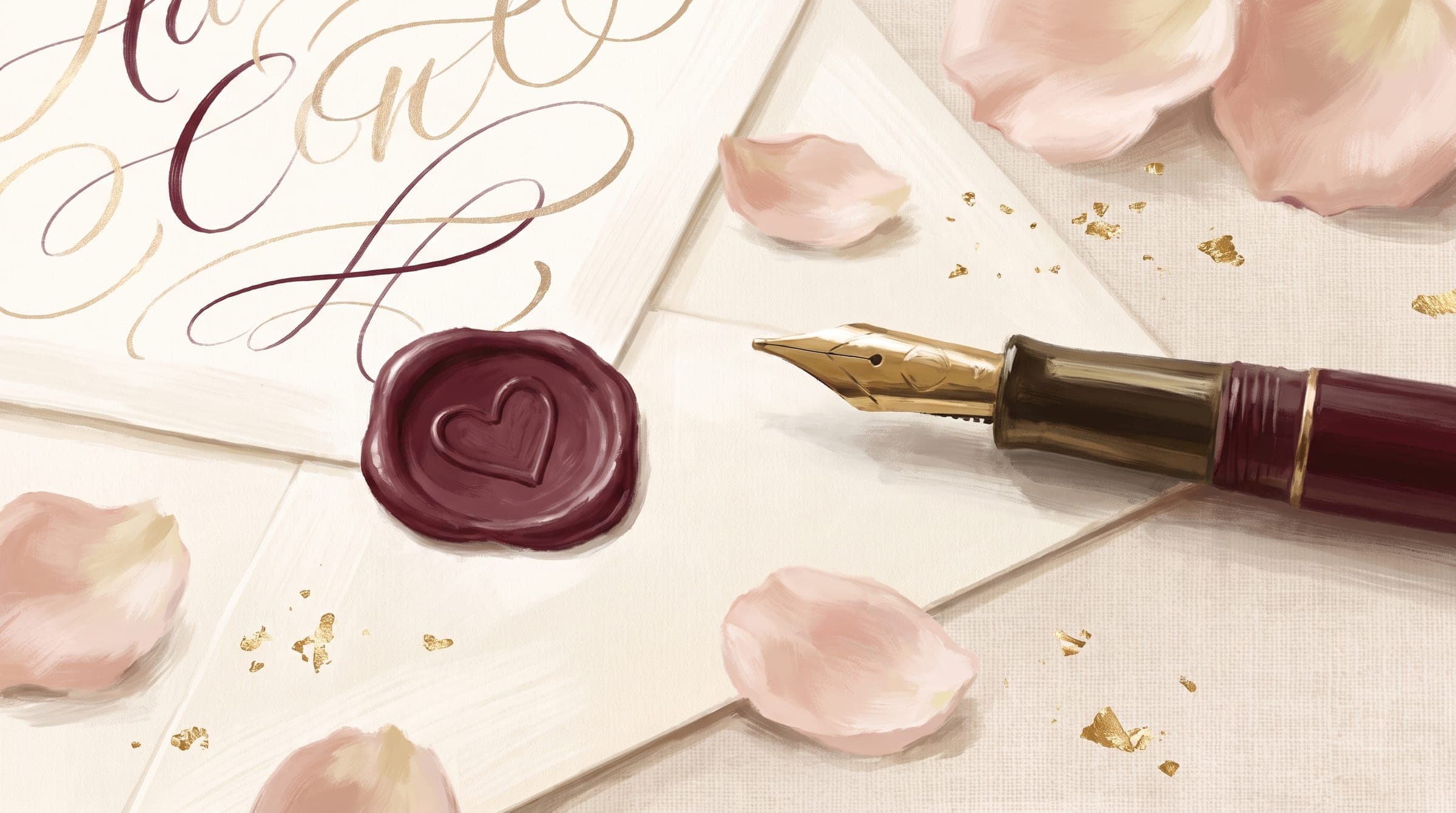 Fountain pen resting on a cream wedding invitation with calligraphy flourishes, a maroon wax heart seal and rose petals