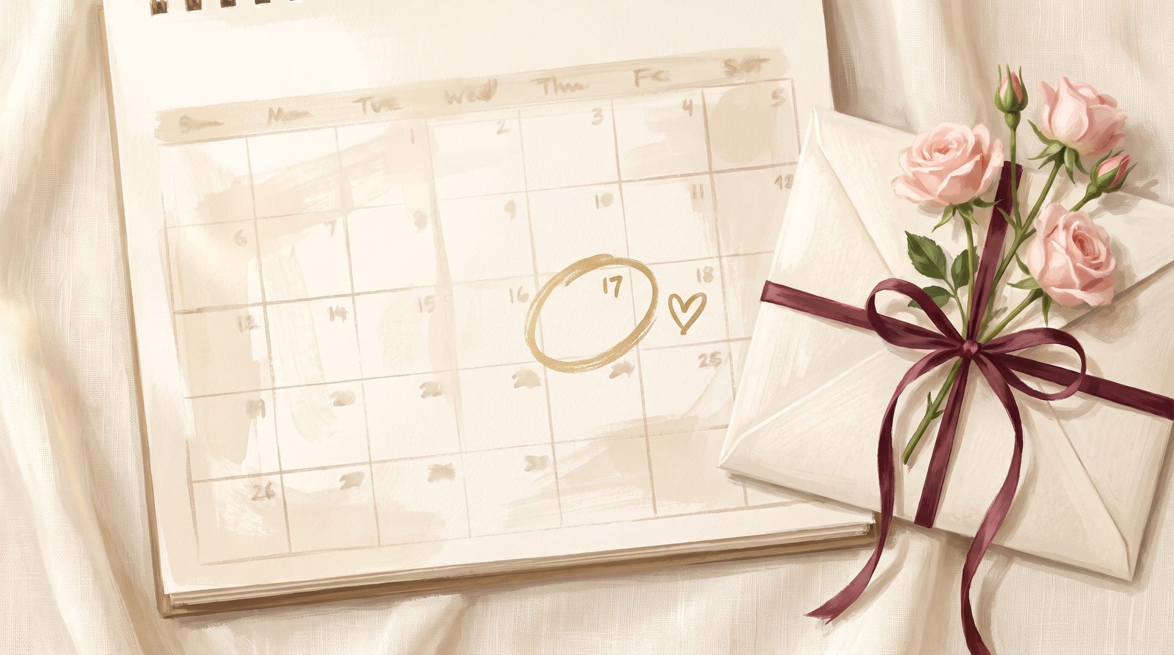 Desk calendar with a date circled in gold beside an envelope tied with maroon ribbon and blush roses